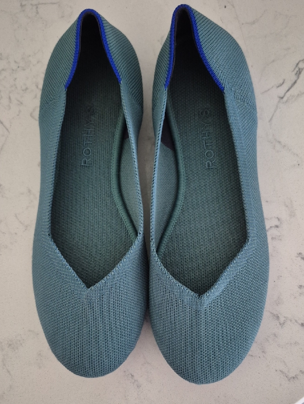 Rothy's Teal Knit Pointed-Toe Flats with Blue Trim